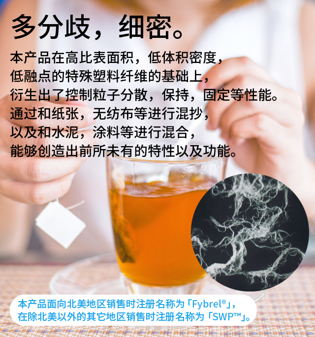 多分歧，细密。 
      本产品在高比表面积，低体积密度，低融点的特殊塑料纤维的基础上，衍生出了控制粒子分散，保持，固定等性能。通过和纸张，无纺布等进行混抄，以及和水泥，涂料等进行混合，能够创造出前所未有的特性以及功能。 本产品面向北美地区销售时注册名称为「Fybrel®」，在除北美以外的其它地区销售时注册名称为「SWP™」。