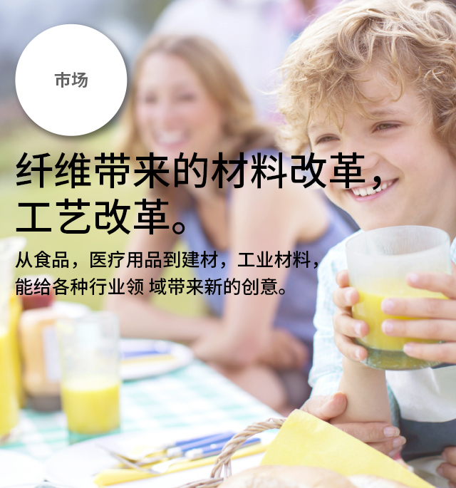 市场 纤维带来的材料改革，工艺改革。 
      从食品，医疗用品到建材，工业材料，能给各种行业领域带来新的创意。